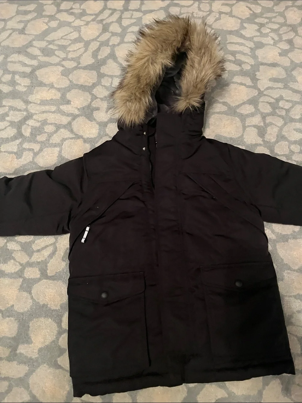 GAP Black Puffer Coat with Faux-Fur Trim Hood